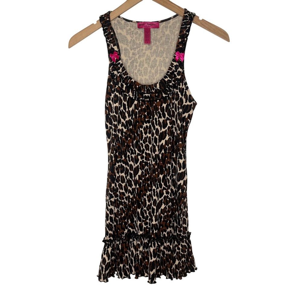 Betsy Johnson Y2K Leopard tank dress pink Bow Ruffle 90s slip coquette girlu